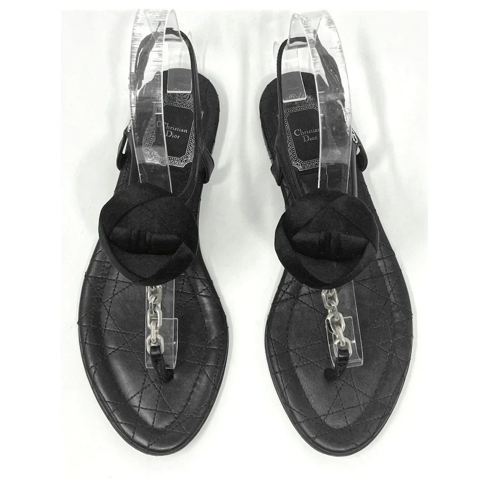 Christian Dior Delices Thong‎ Flat Sandals Black Leather Cannage Rosette 36
